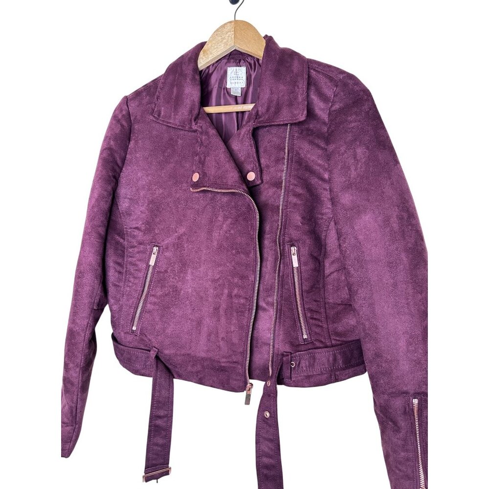 LC Lauren Conrad Faux Suede Size 8 Moto Jacket Belted Waist Rose Zipper Accents - Picture 3 of 9
